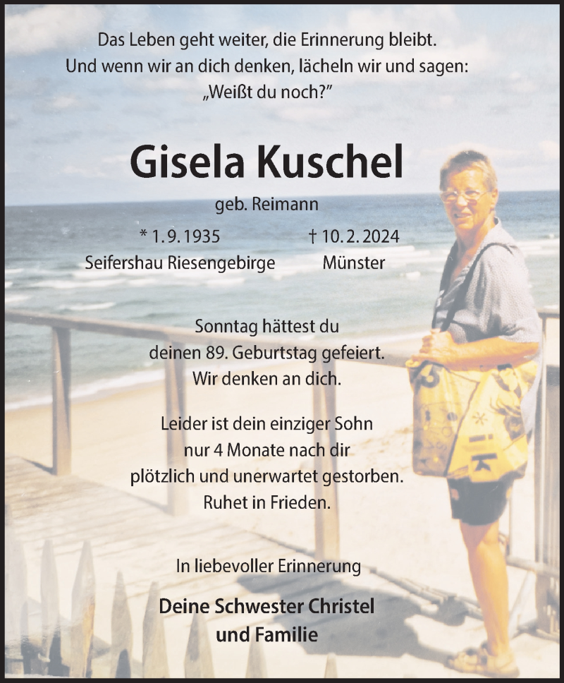  Traueranzeige für Gisela Kuschel vom 31.08.2024 aus 