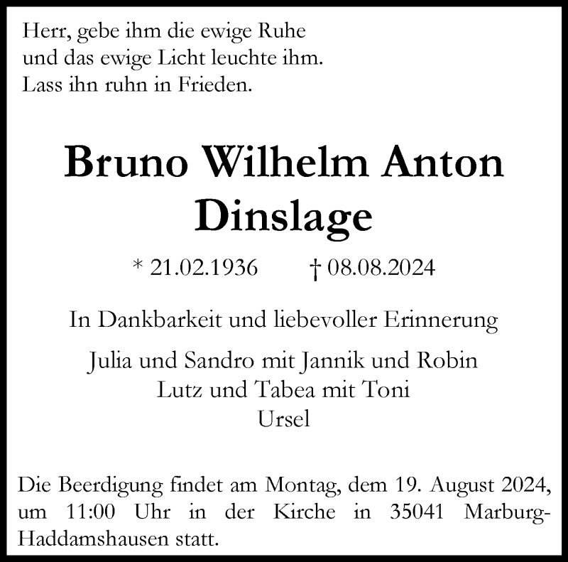  Traueranzeige für Bruno Wilhelm Anton Dinslage vom 17.08.2024 aus 