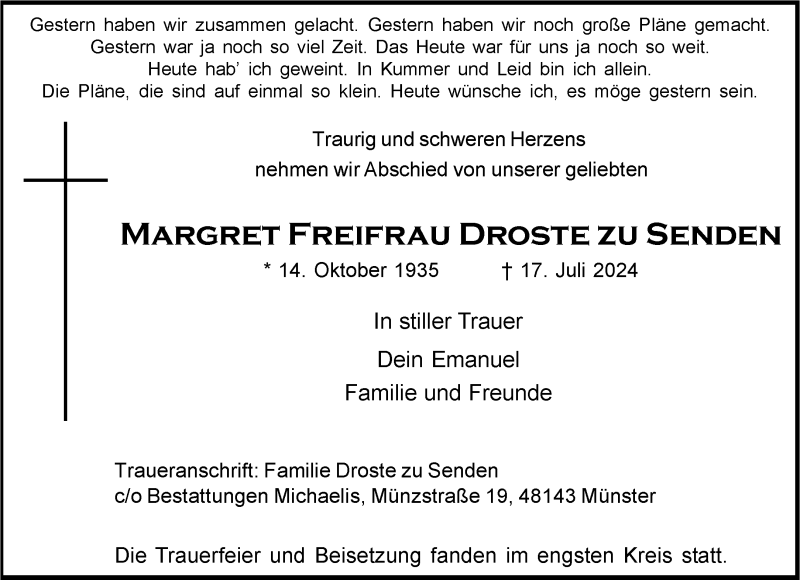  Traueranzeige für Margret Freifrau Droste Zu Senden vom 03.08.2024 aus 