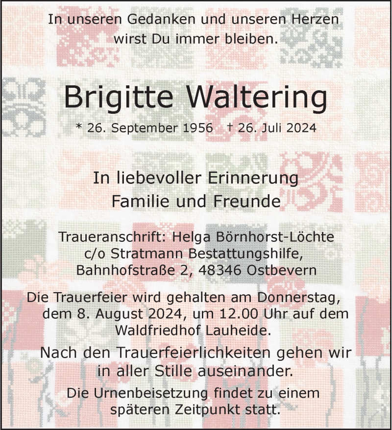  Traueranzeige für Brigitte Waltering vom 03.08.2024 aus 