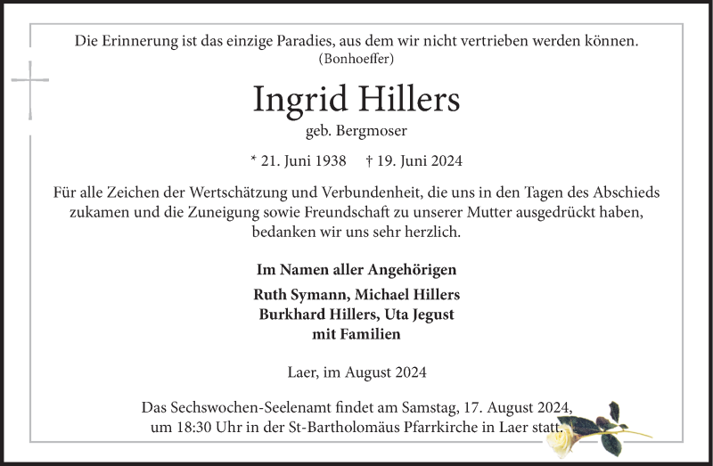  Traueranzeige für Ingrid Hillers vom 10.08.2024 aus 