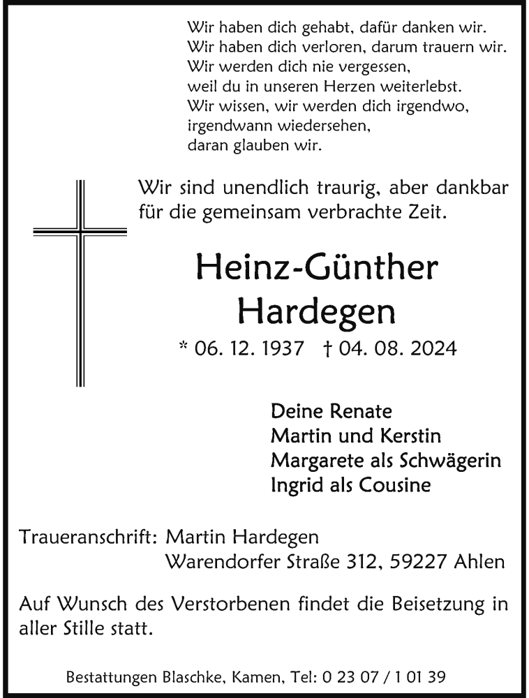  Traueranzeige für Heinz-Günther Hardegen vom 10.08.2024 aus 