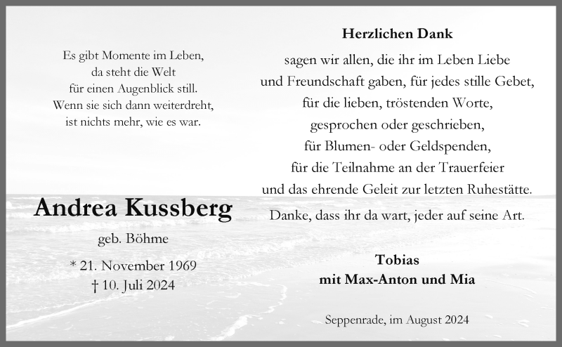  Traueranzeige für Andrea Kussberg vom 10.08.2024 aus 