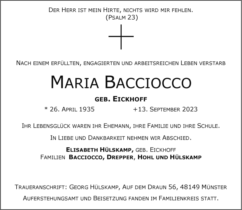  Traueranzeige für Maria Bacciocco vom 23.09.2023 aus 