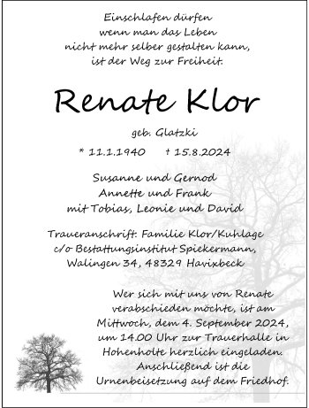 Anzeige von Renate Klor 