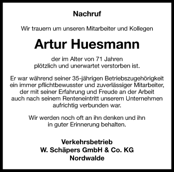 Anzeige von Artur Huesmann 