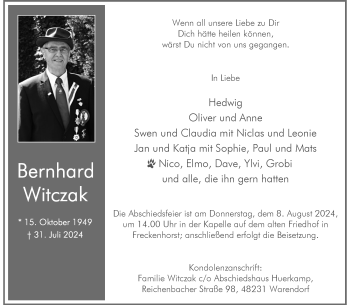 Anzeige von Bernhard Witczak 