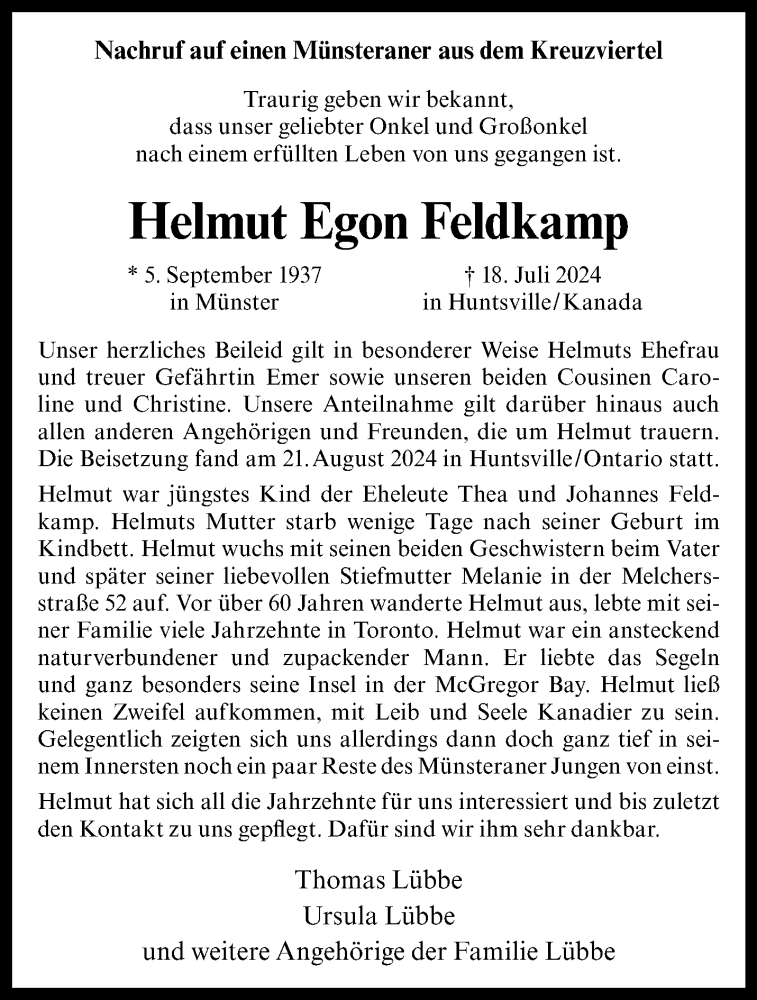  Traueranzeige für Helmut Egon Feldkamp vom 24.08.2024 aus 