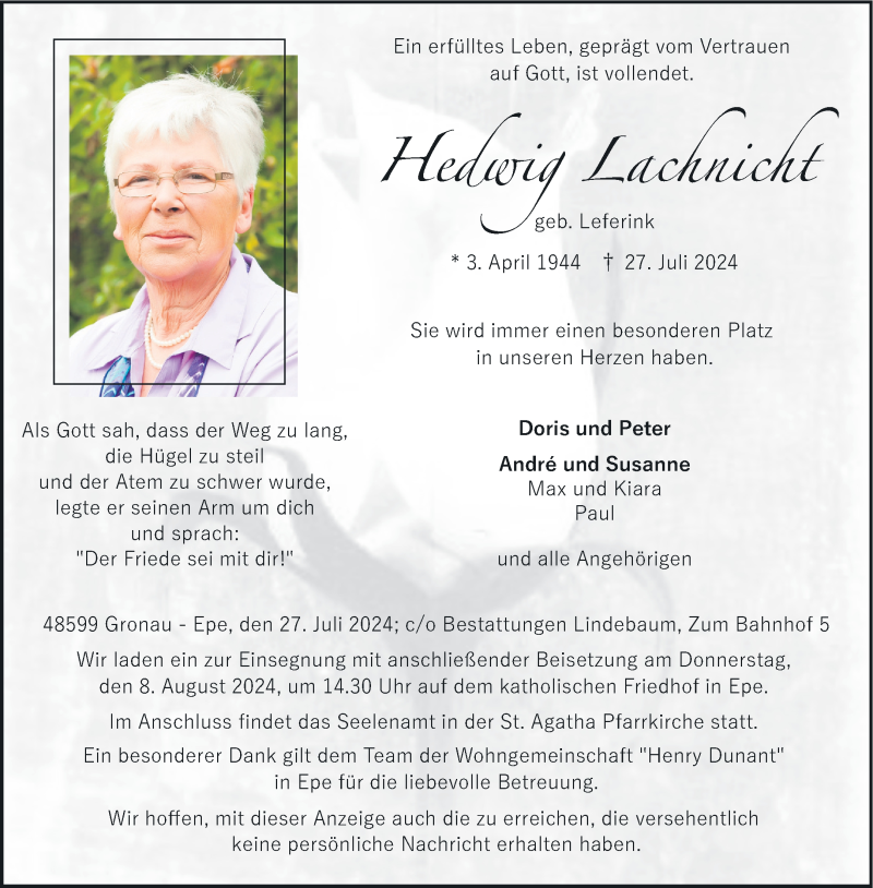  Traueranzeige für Hedwig Lachnicht vom 03.08.2024 aus 