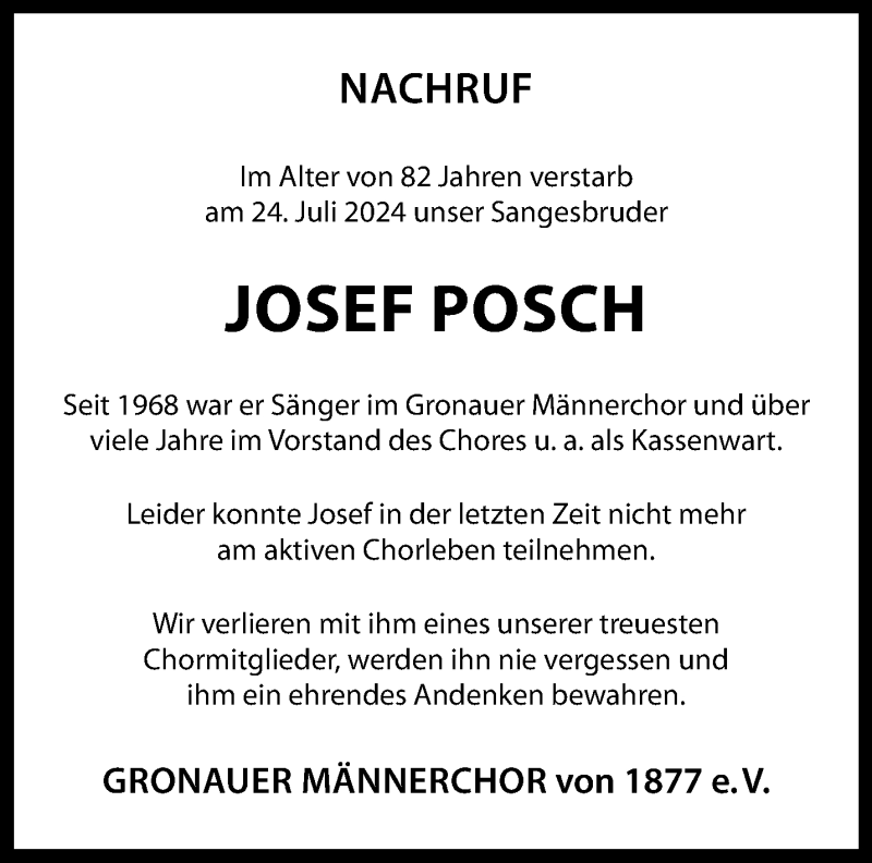  Traueranzeige für Josef Posch vom 06.08.2024 aus 