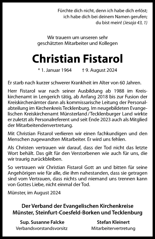  Traueranzeige für Christian Fistarol vom 23.08.2024 aus 