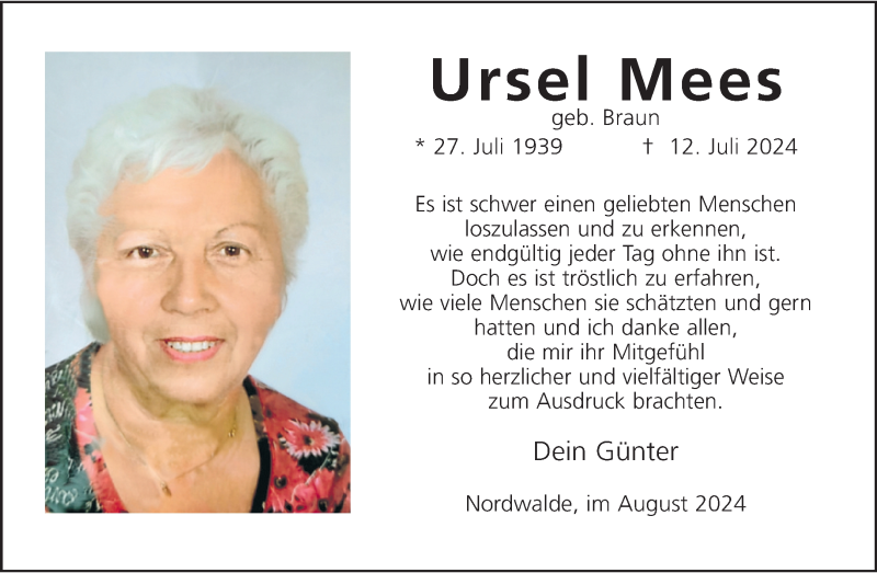  Traueranzeige für Ursel Mees vom 31.08.2024 aus 