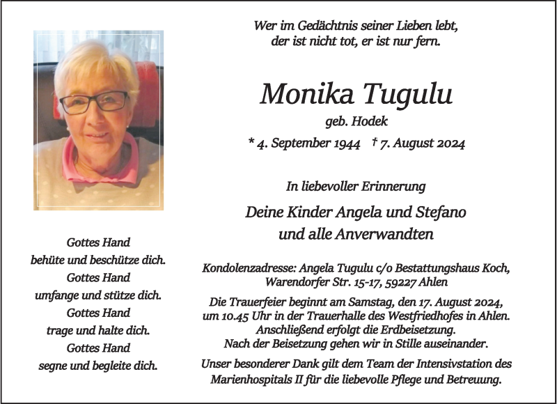  Traueranzeige für Monika Tugulu vom 10.08.2024 aus 