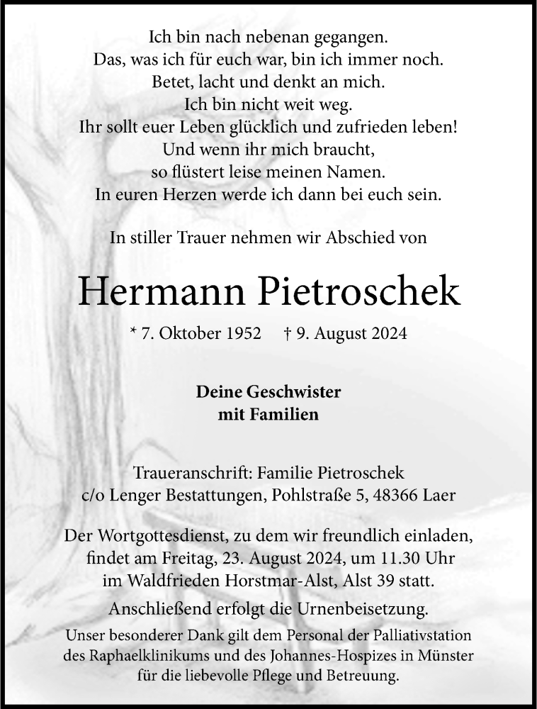  Traueranzeige für Hermann Pietroschek vom 17.08.2024 aus 