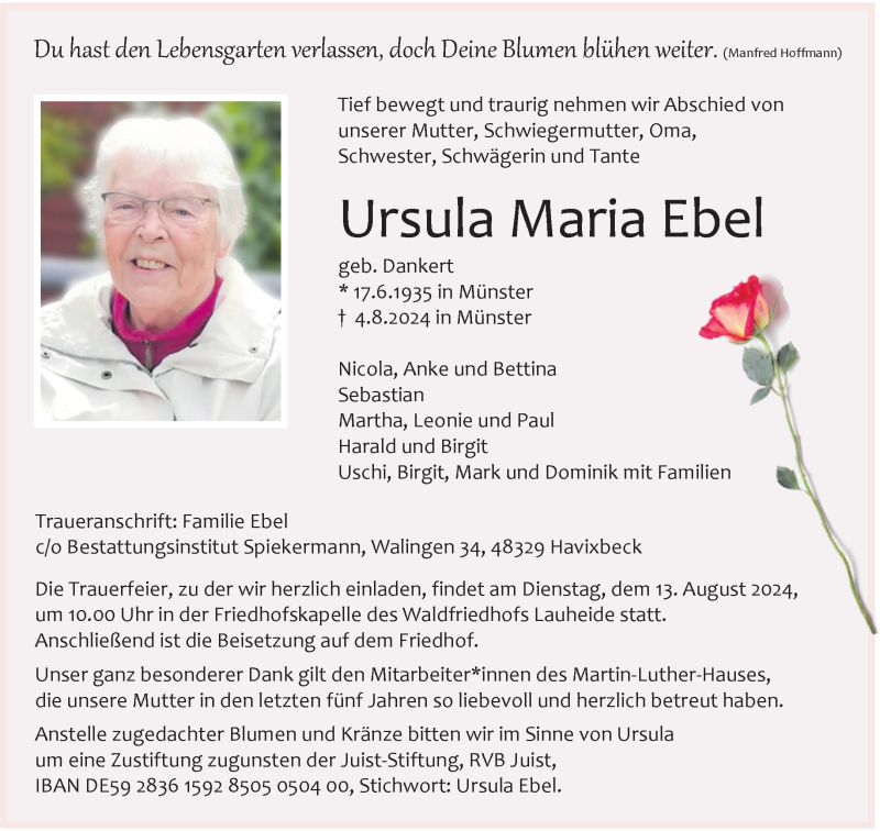  Traueranzeige für Ursula Maria Ebel vom 10.08.2024 aus 