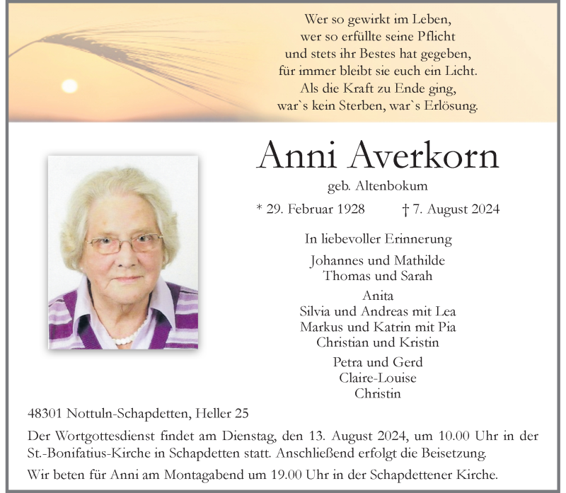  Traueranzeige für Anni Averkorn vom 10.08.2024 aus 