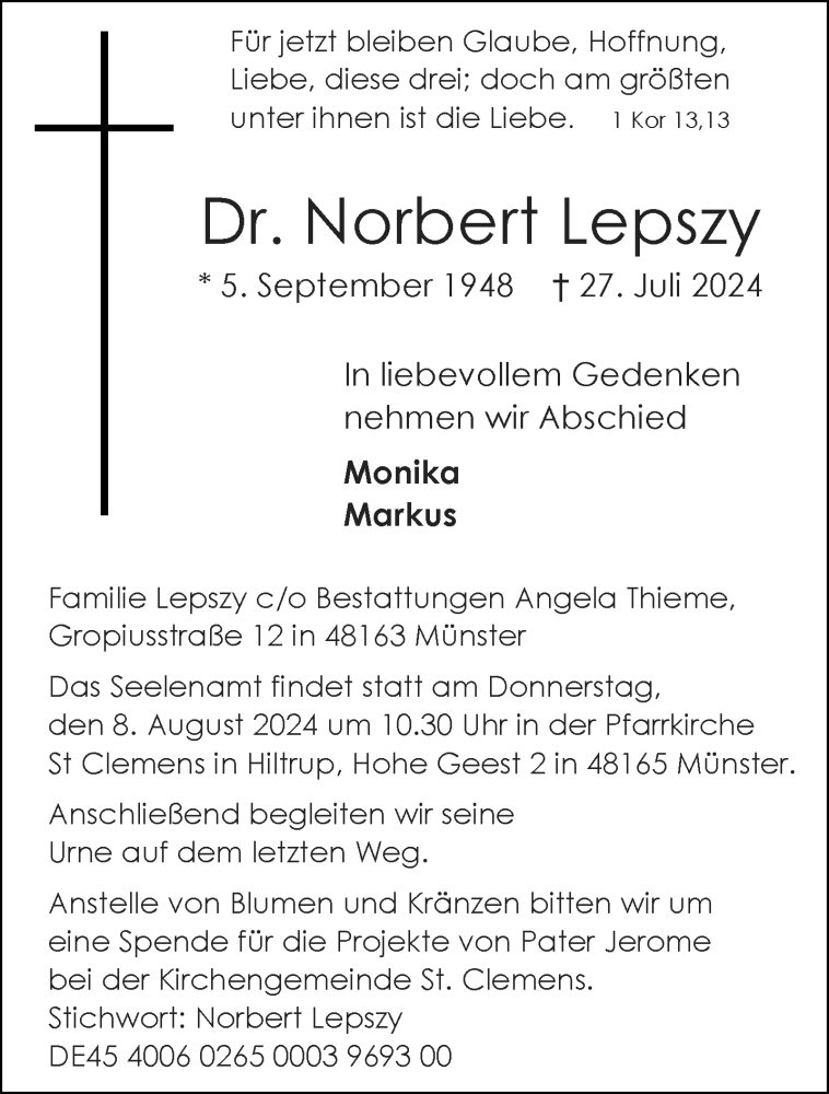  Traueranzeige für Dr. Norbert Lepszy vom 03.08.2024 aus 