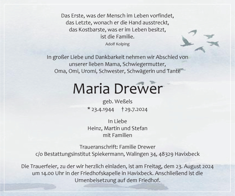  Traueranzeige für Maria Drewer vom 17.08.2024 aus 