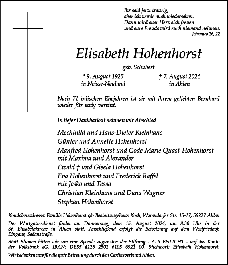 Traueranzeige für Elisabeth Hohenhorst vom 10.08.2024 aus 