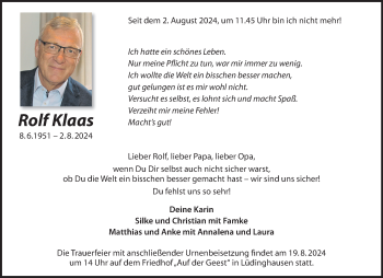 Anzeige von Rolf Klaas 