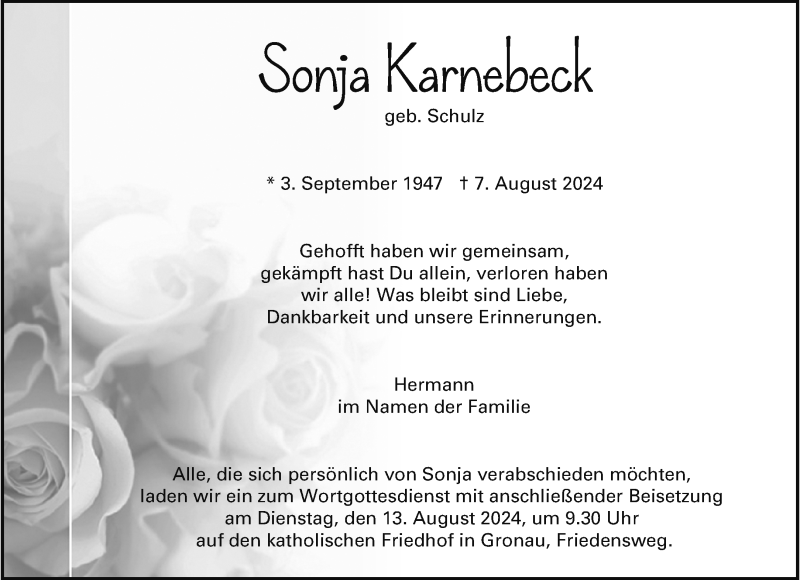  Traueranzeige für Sonja Karnebeck vom 10.08.2024 aus 