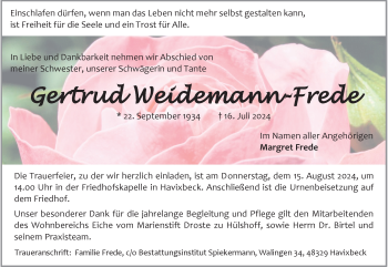 Anzeige von Gertrud Weidemann-Frede 