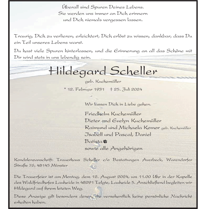  Traueranzeige für Hildegard Scheller vom 03.08.2024 aus 