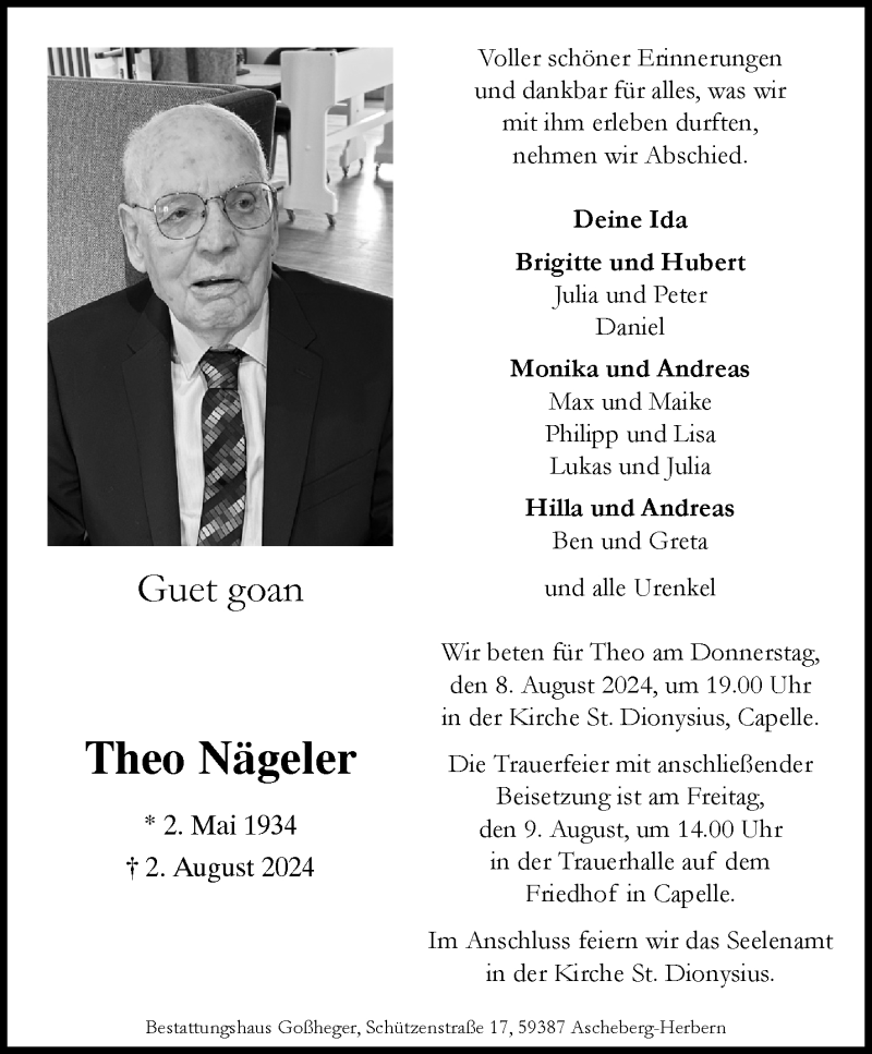  Traueranzeige für Theo Nägeler vom 07.08.2024 aus 