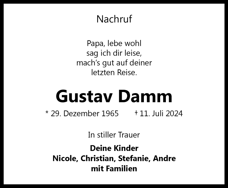  Traueranzeige für Gustav Damm vom 22.08.2024 aus 
