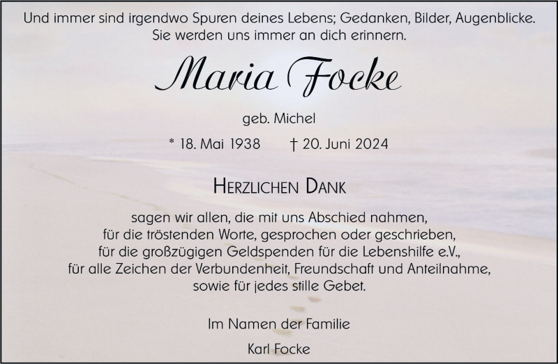  Traueranzeige für Maria Focke vom 03.08.2024 aus 