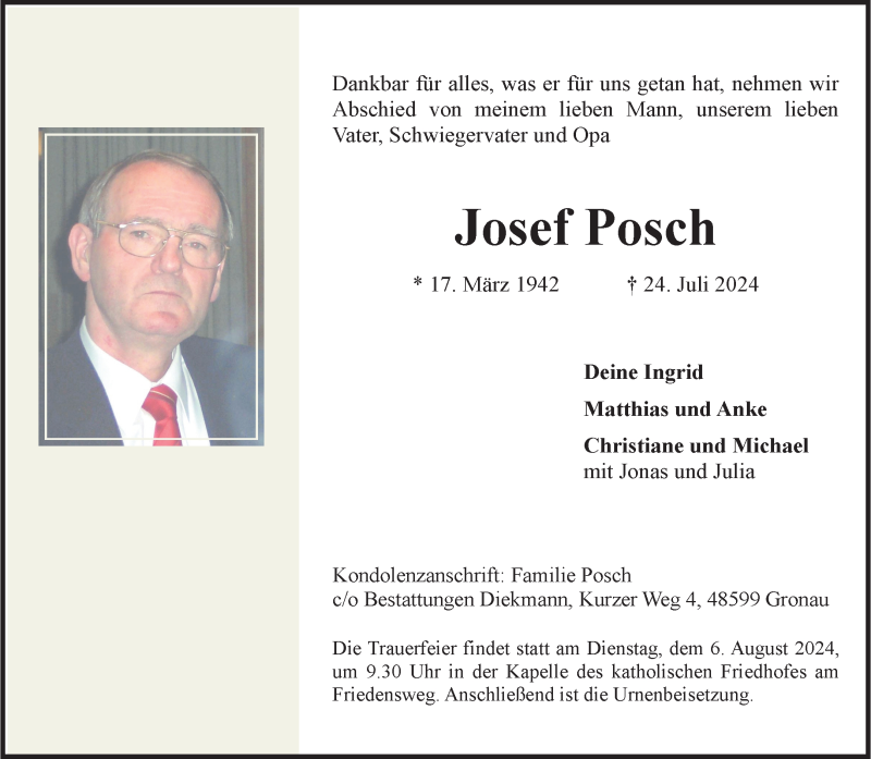  Traueranzeige für Josef Posch vom 03.08.2024 aus 