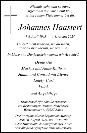 Anzeige von Johannes Haastert 