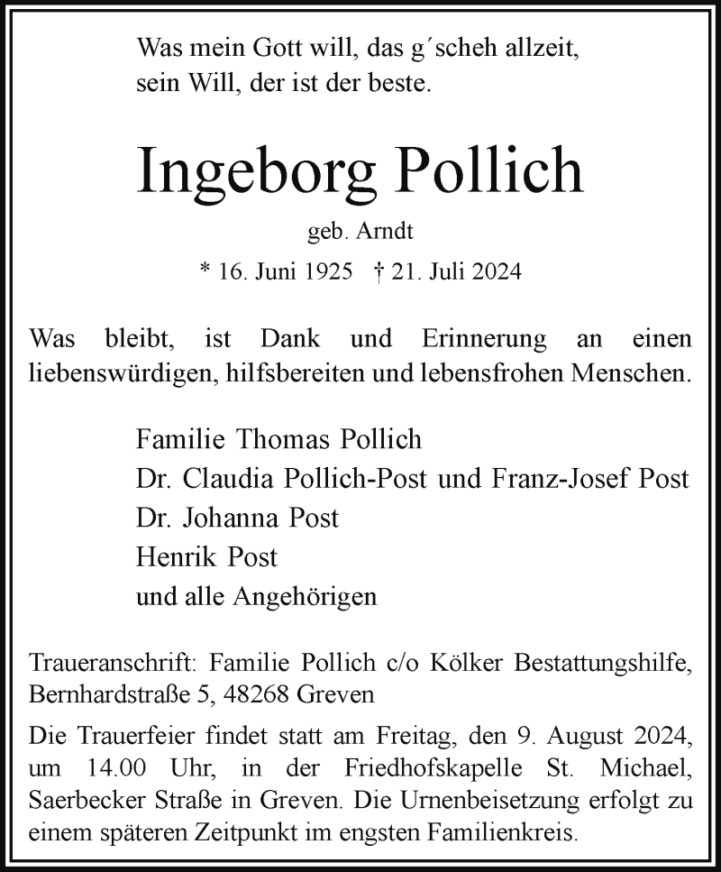 Traueranzeige für Ingeborg Pollich vom 03.08.2024 aus 