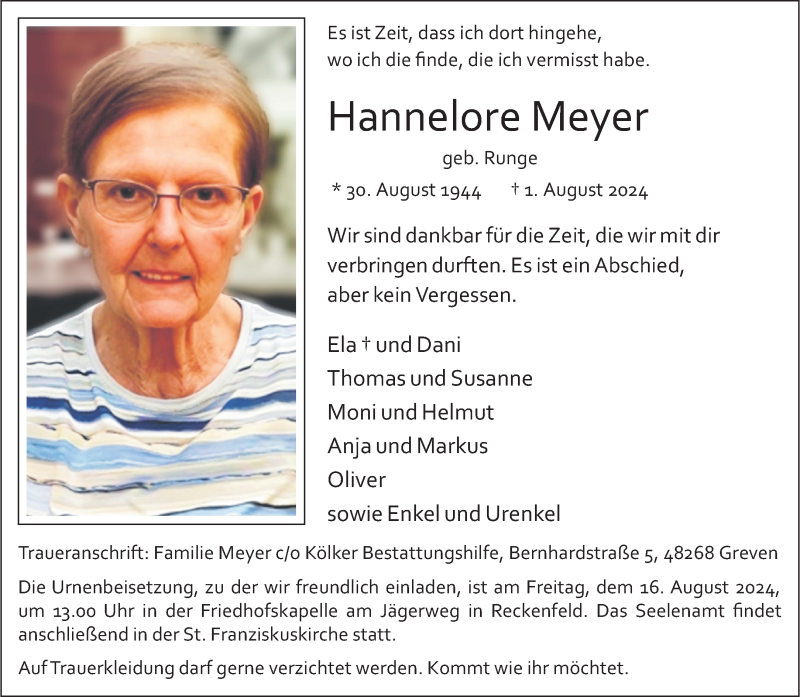  Traueranzeige für Hannelore Meyer vom 10.08.2024 aus 