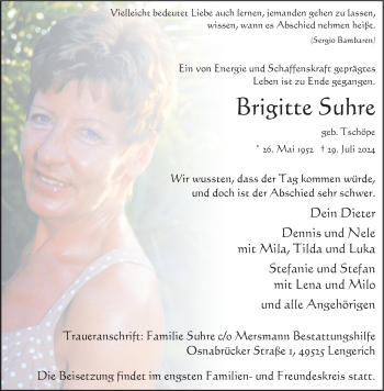 Anzeige von Brigitte Suhre 