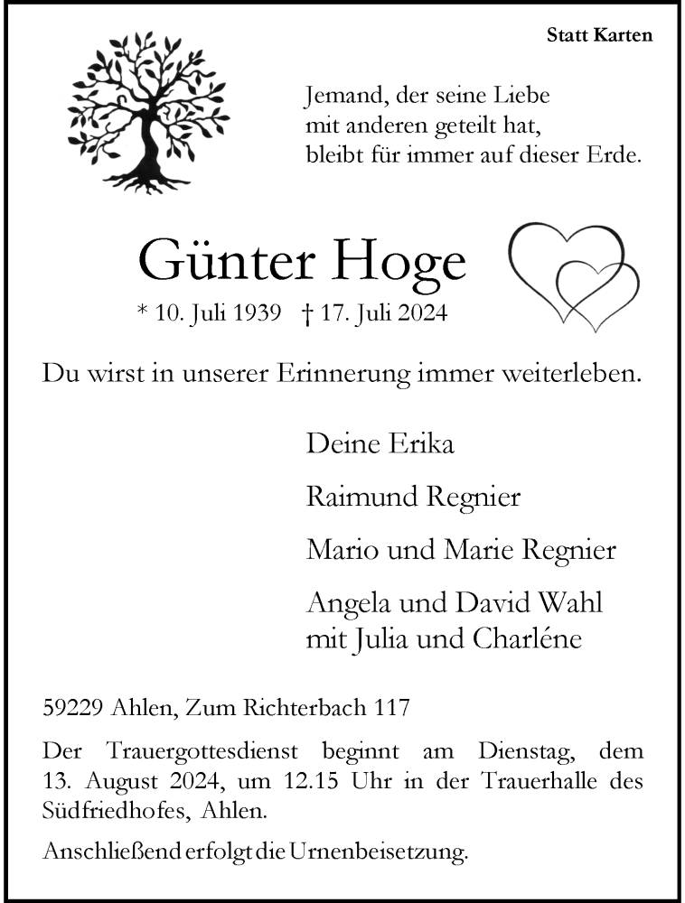  Traueranzeige für Günter Hoge vom 07.08.2024 aus 