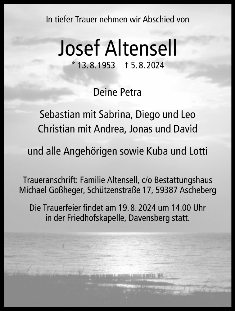  Traueranzeige für Josef Altensell vom 10.08.2024 aus 