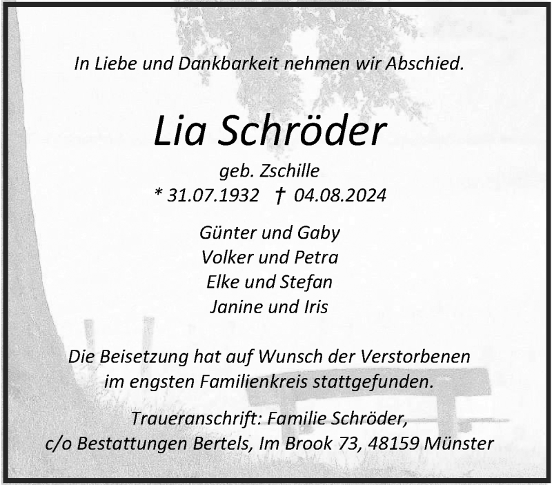  Traueranzeige für Lia Schröder vom 17.08.2024 aus 