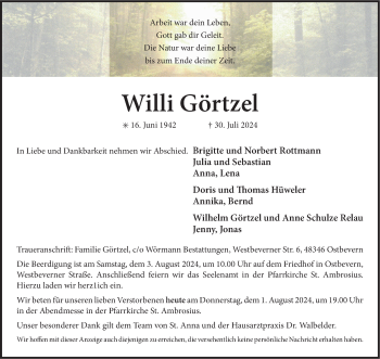 Anzeige von Willi Görtzel 