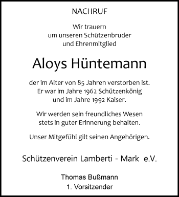 Anzeige von Aloys Hüntemann 