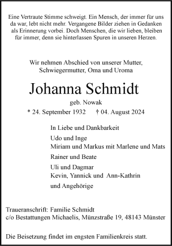 Anzeige von Johanna Schmidt 