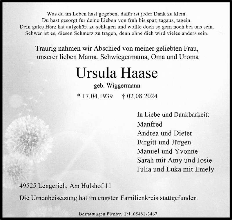  Traueranzeige für Ursula Haase vom 16.08.2024 aus 