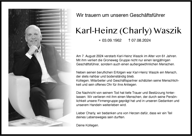  Traueranzeige für Karl-Heinz Waszik vom 17.08.2024 aus 