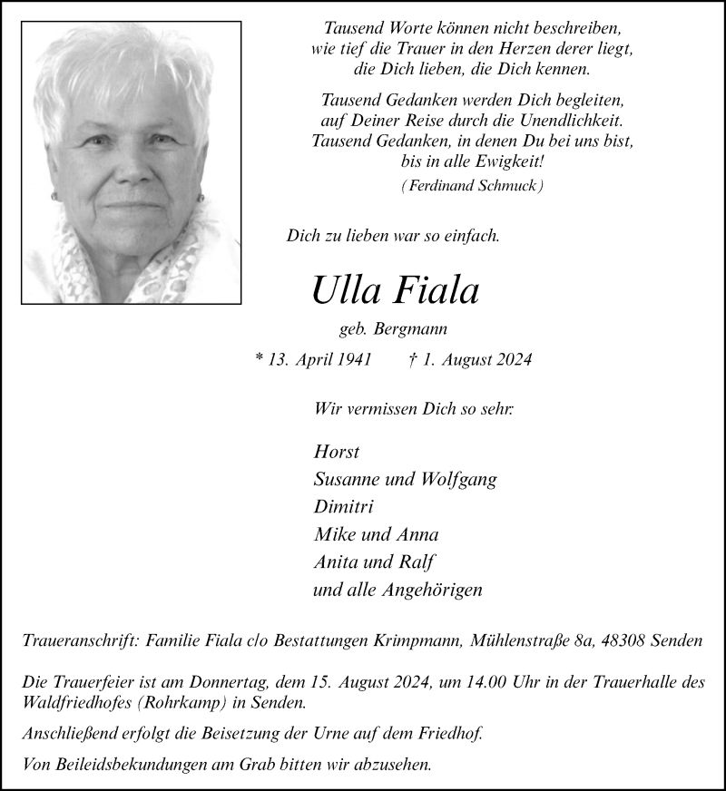  Traueranzeige für Ulla Fiala vom 10.08.2024 aus 