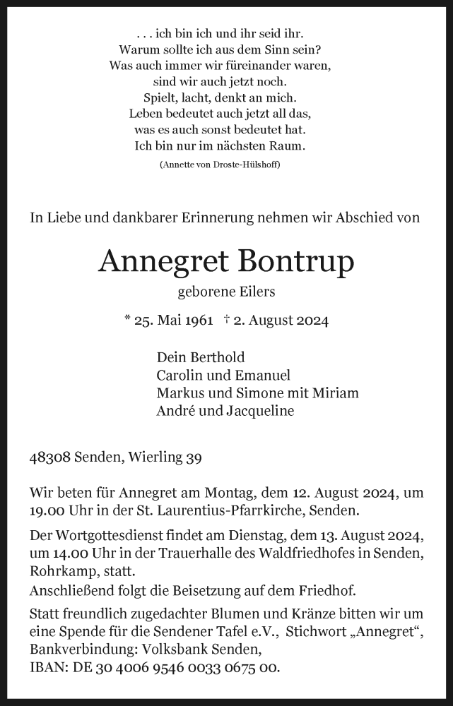  Traueranzeige für Annegret Bontrup vom 10.08.2024 aus 