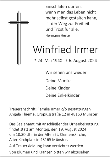 Anzeige von Winfried Irmer 