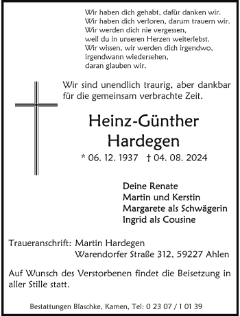 Anzeige von Heinz-Günther Hardegen 