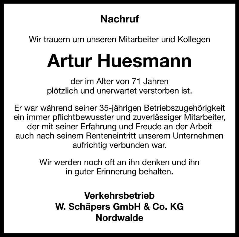  Traueranzeige für Artur Huesmann vom 03.08.2024 aus 
