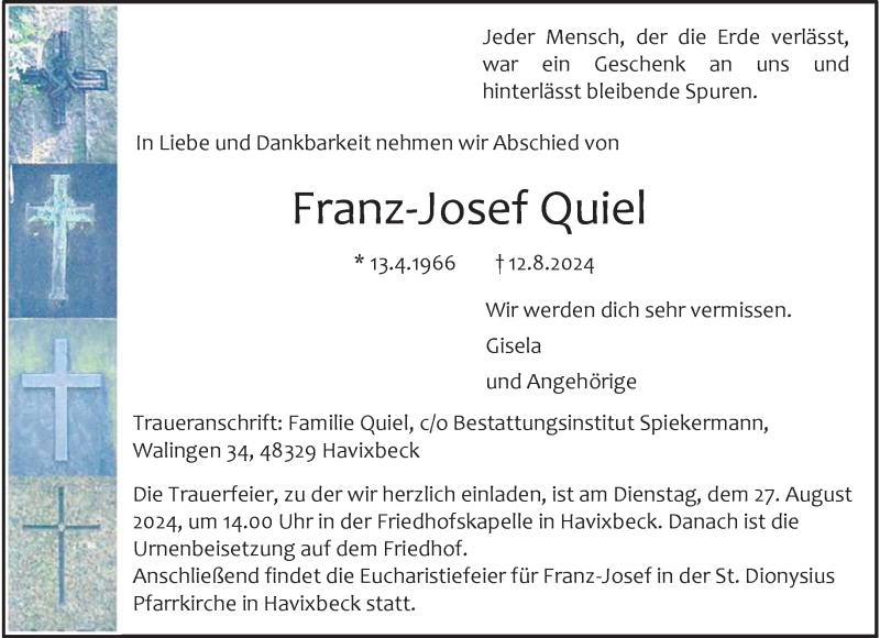  Traueranzeige für Franz-Josef Quiel vom 17.08.2024 aus 