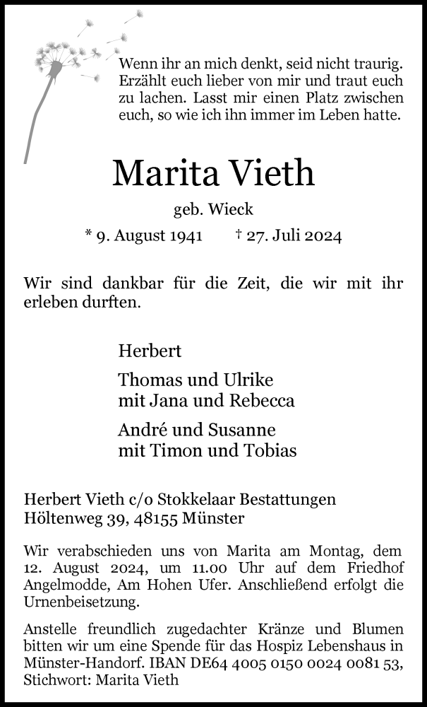  Traueranzeige für Marita Vieth vom 03.08.2024 aus 
